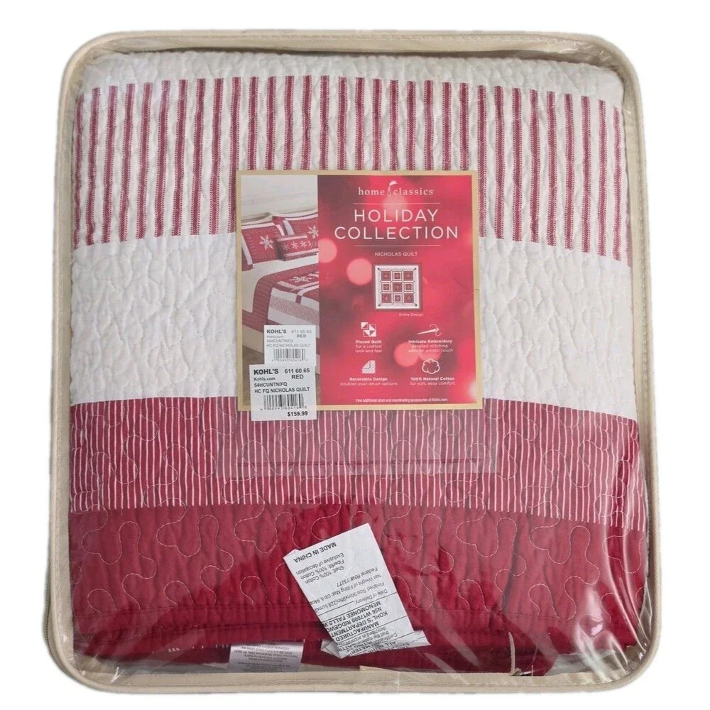 NIP Full/Queen Home Classics NICHOLAS Quilt Holiday Collection Red & white 90x95